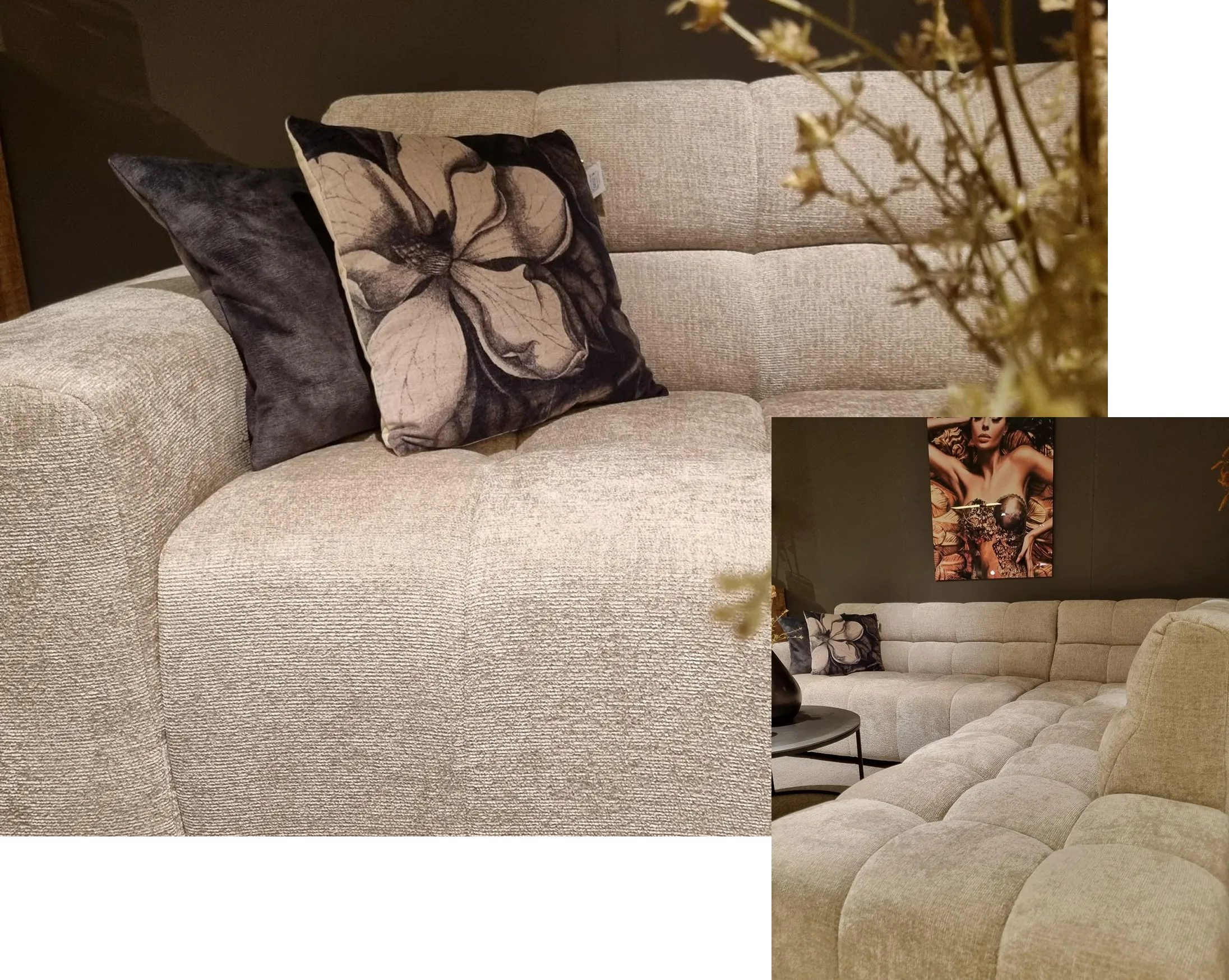 beige bank met kussens en beige hoekbank