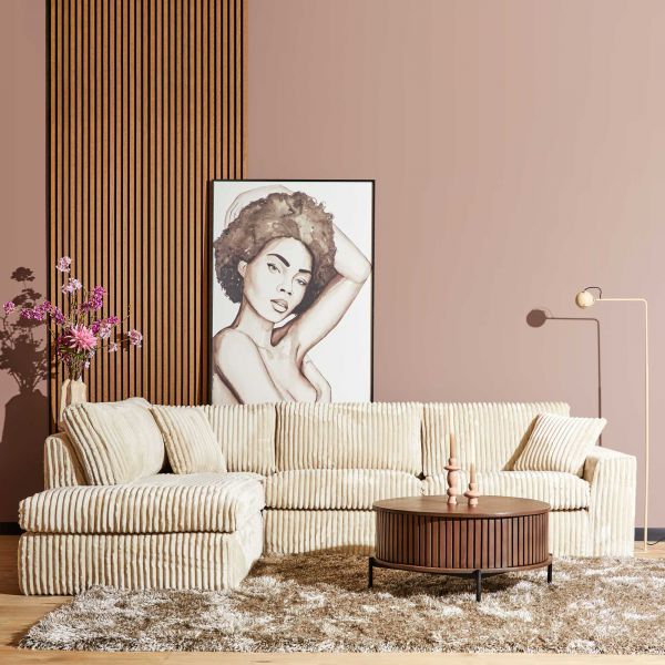 Divan links + 2,5-zits ribstof beige