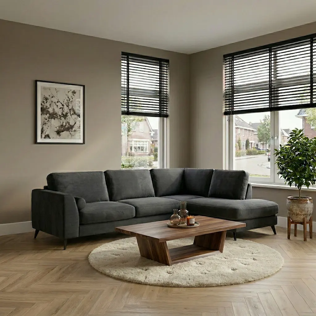 Rijssen hoekbank velours antraciet 3+Ottomane