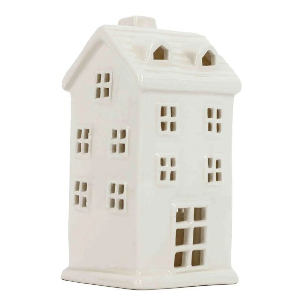 Huisje wit keramiek met LED smal 14cm