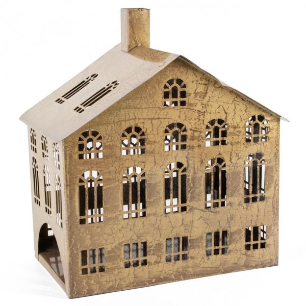 Metalen windlicht huis peach 34,5cm hoog