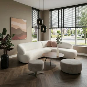 Hoekbank-Gouda-beige-stof-ronde-vormen-organisch