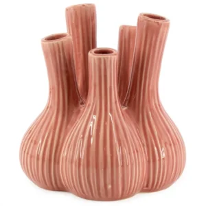 Roze keramiek tulpenvaas in de vorm van knoflookbollen met 5 openingen - 23,5cm hoog - Meubeldriveinn.nl