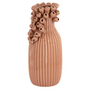 Oranje zalmkleurige aardewerk vaas met verticale strepen en bessen decoratie - 28cm hoog - Meubeldriveinn.nl