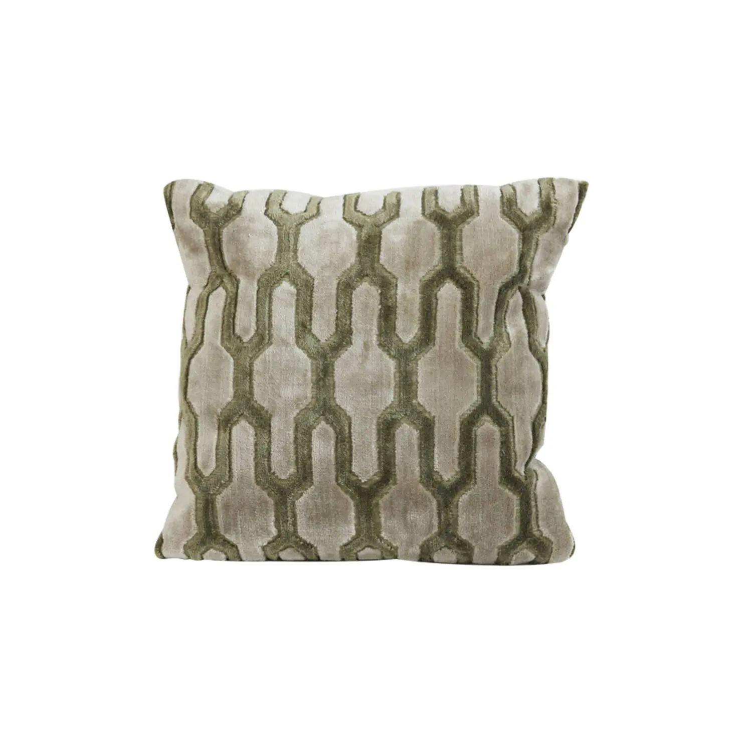 Sierkussen Jembana 45x45 cm met geometrisch reliëf patroon in de kleuren zand en olijfgroen.