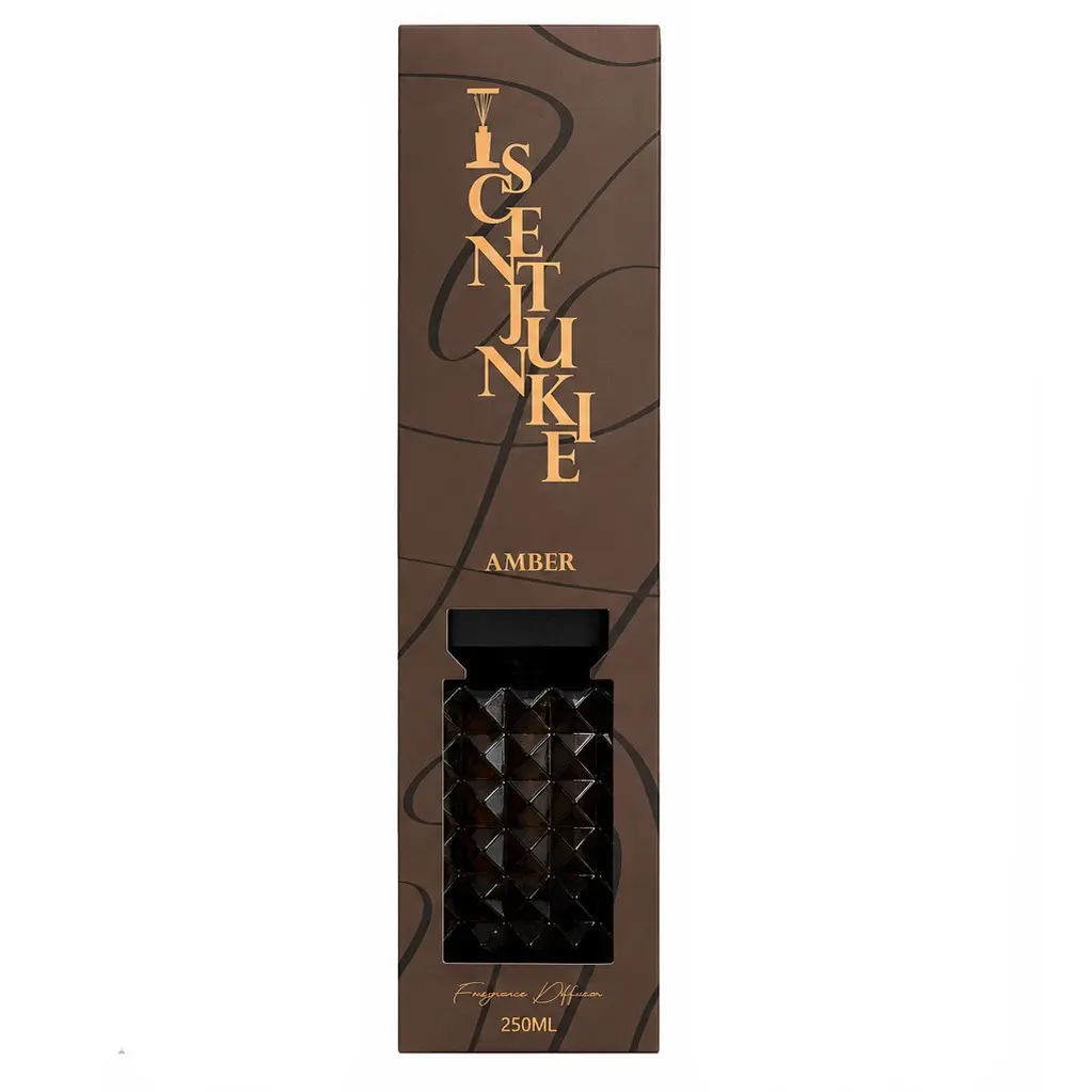 Geurdiffuser Facet 250ml Amber 7,2x7,2x26,5 cm met gefacetteerd glas en zwarte stokjes