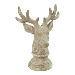 Decoratief keramieken hert op sokkel small 23,5 cm hoog met rustieke verweerde steentextuur