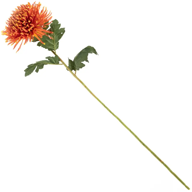 Lange oranje kunstbloem spinchrysant 91 cm met volle bloemkop en groen blad