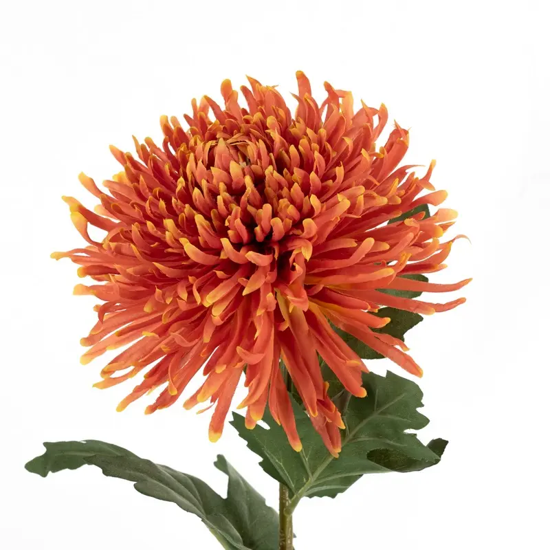 Lange oranje kunstbloem spinchrysant 91 cm met volle bloemkop en groen blad