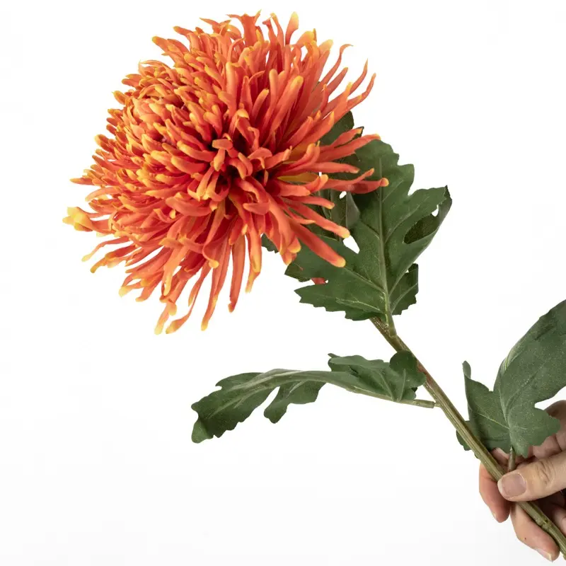 Lange oranje kunstbloem spinchrysant 91 cm met volle bloemkop en groen blad