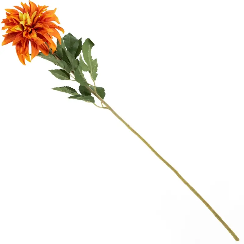 Kunstbloem Dahlia 79 cm in opvallende oranje kleur met geel hart en groen blad