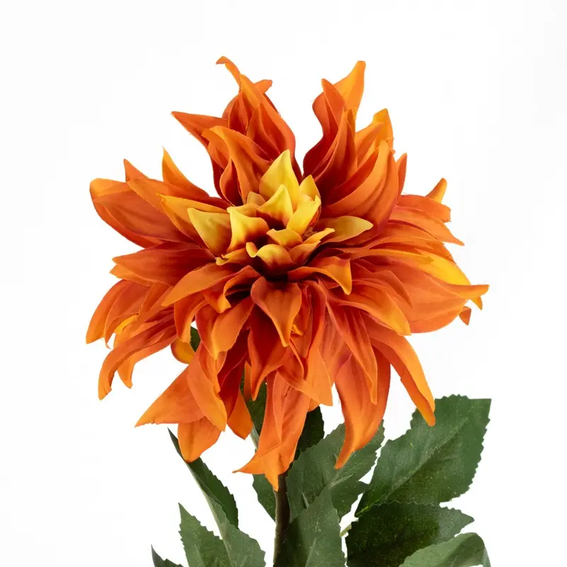 Kunstbloem Dahlia 79 cm in opvallende oranje kleur met geel hart en groen blad