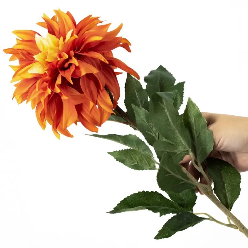 Kunstbloem Dahlia 79 cm in opvallende oranje kleur met geel hart en groen blad