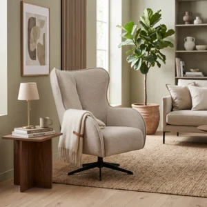 Draaifauteuil Glanerbrug in beige gemêleerde stof met een comfortabele hoge rug en zwarte stalen stervoet