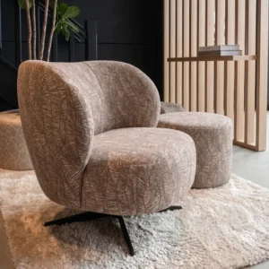 Design draaifauteuil Lonneker met ronde vormen in taupe patroonstof op zwarte stalen draaivoet