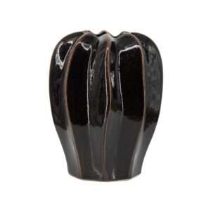 Aardewerk vaas Alba Small donkerbruin met hoogglans plooistructuur - 17,5x17,5x23,5 cm