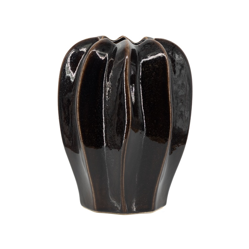 Aardewerk vaas Alba Small donkerbruin met hoogglans plooistructuur - 17,5x17,5x23,5 cm