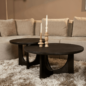 Ronde salontafel Guus 80 cm van zwart mangohout met een uniek opengewerkt houten onderstel