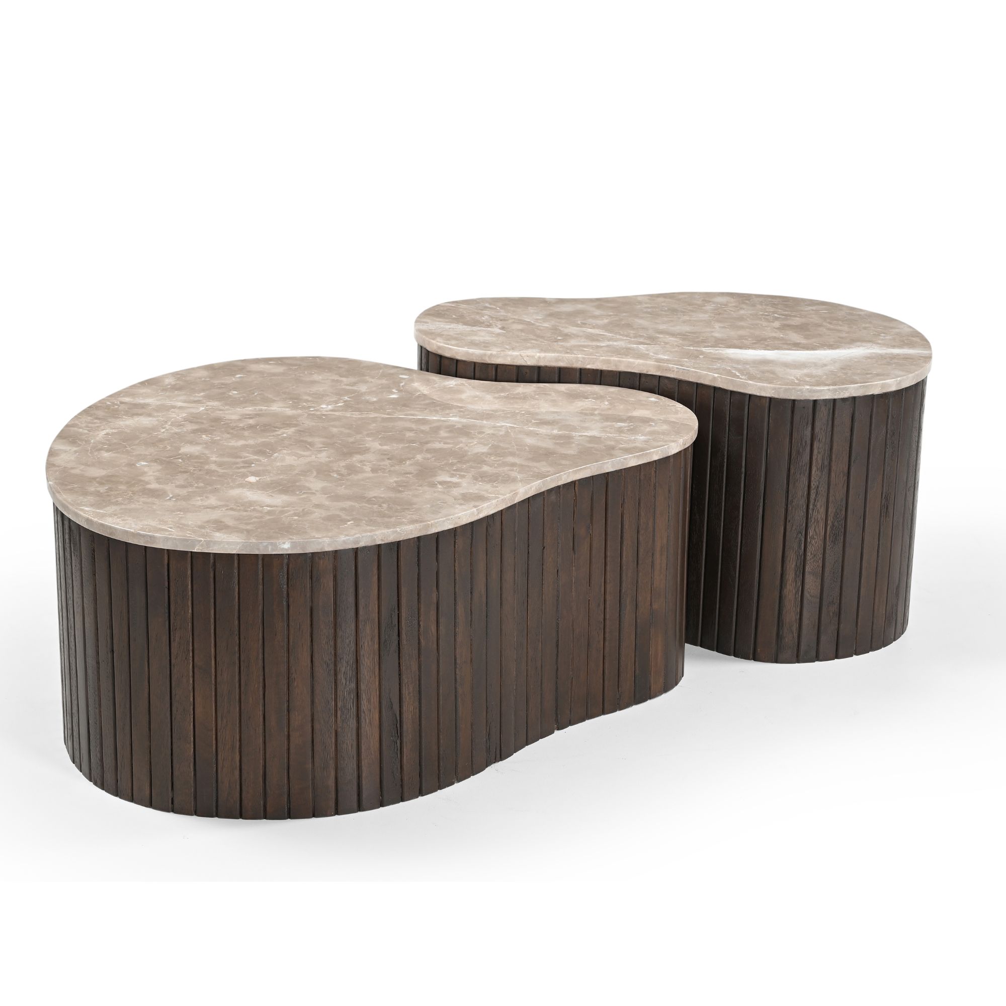Salontafel Nomi 70 cm met organisch beige marmeren blad en donkerbruine houten lattenbasis