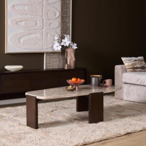 Luxe salontafel Silva 130 cm met ovaal beige marmeren blad en donkerbruin houten onderstel