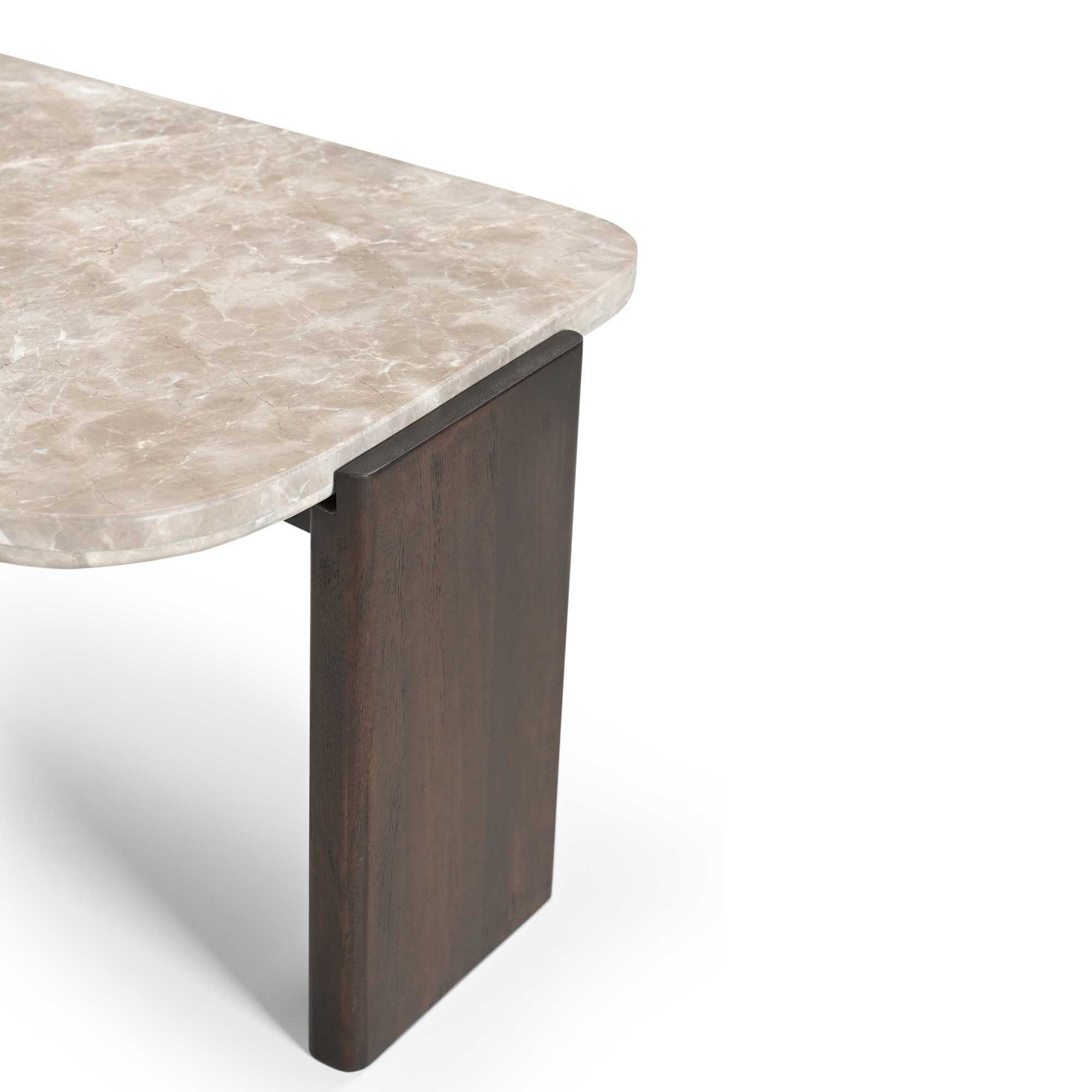Luxe salontafel Silva 130 cm met ovaal beige marmeren blad en donkerbruin houten onderstel